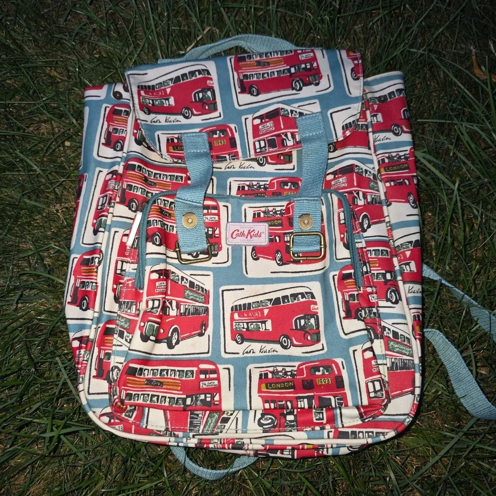 Cath Kids London Red Double Decker Bus Coated Canvas Backpack Rucksack Blue vtg